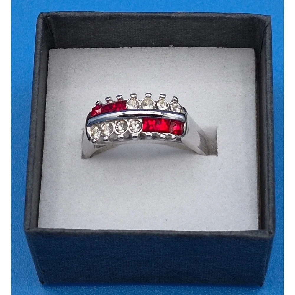 Vintage Ring Size 8 Silver Tone Red Clear Stone Dual Row Statement Band